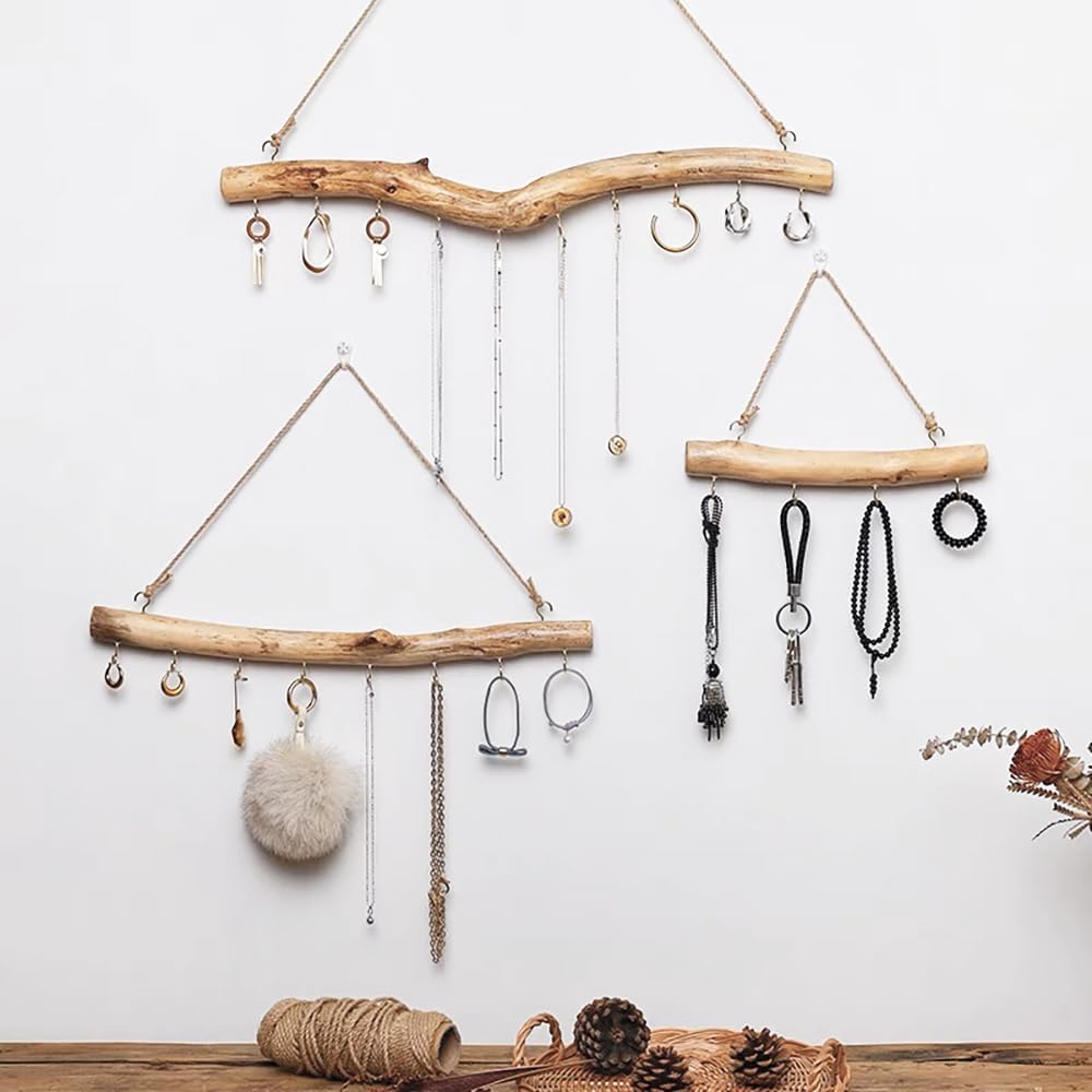 2Pcs 15 Inch Natural Driftwood Decorative Branches Farmhouse Home Wall Hanging Decor Hanging Jewelry Organizers with 5 Hooks