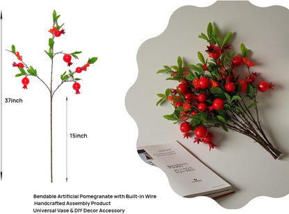 Artificial Pomegranate Fruit Flowers, 3pcs, 37 inch | Lifelike Handmade, Suitable for Home, Office, Festival, Flower Decoration
