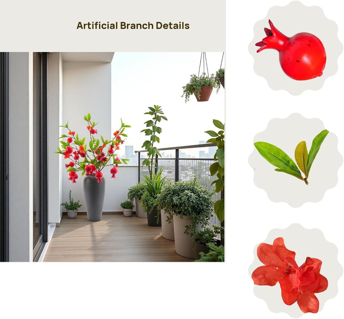 Artificial Pomegranate Fruit Flowers, 3pcs, 37 inch | Lifelike Handmade, Suitable for Home, Office, Festival, Flower Decoration