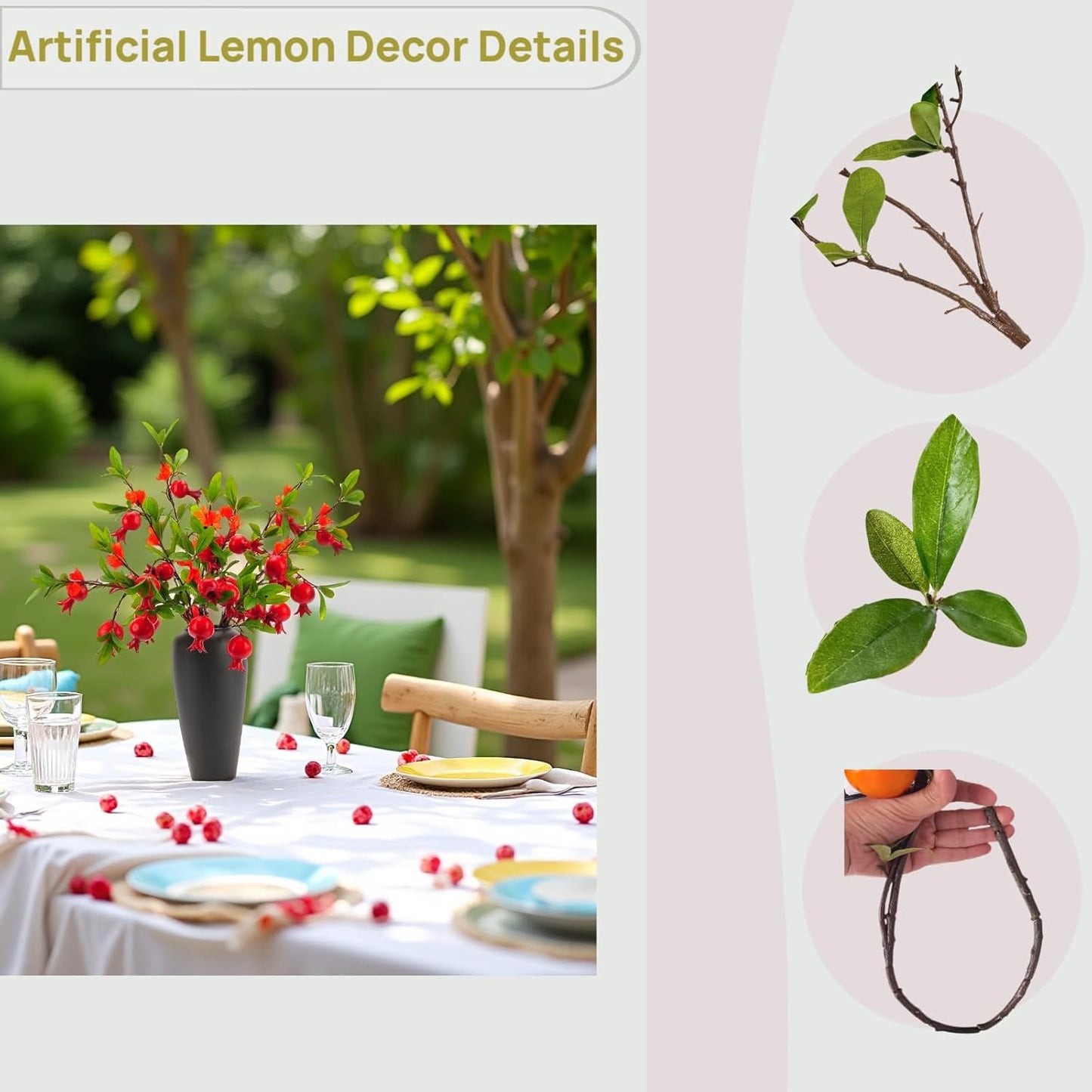 Artificial Pomegranate Fruit Flowers, 3pcs, 37 inch | Lifelike Handmade, Suitable for Home, Office, Festival, Flower Decoration