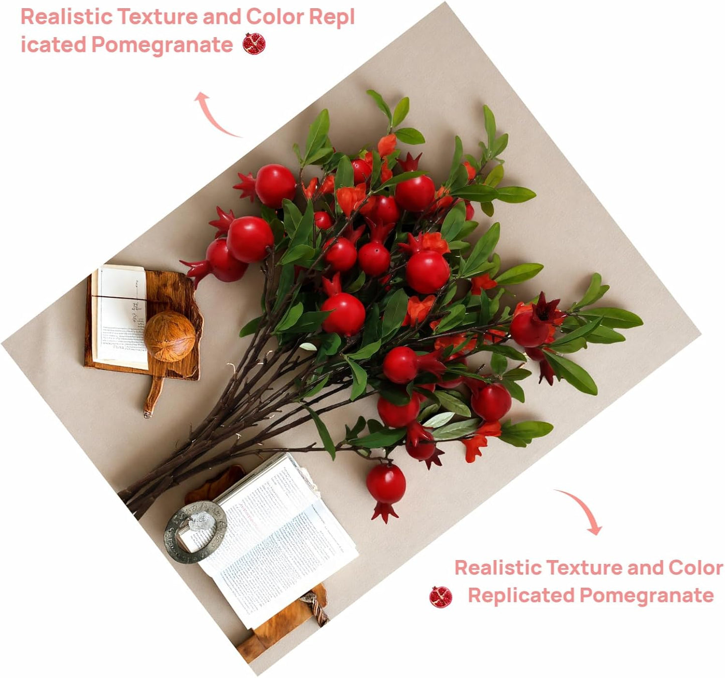 Artificial Pomegranate Fruit Flowers, 3pcs, 37 inch | Lifelike Handmade, Suitable for Home, Office, Festival, Flower Decoration