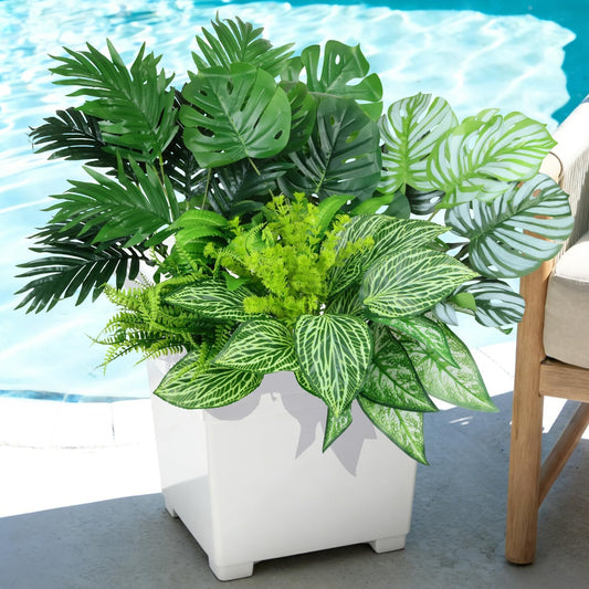 Artificial Plants Outdoor UV Resistant, 8 Bundles Faux Greenery with Tropical Leaves & Hanging Ferns, Realistic Fake Plants for Outdoor Planters, Front Porch, Patio, Window Boxes, Garden Decor