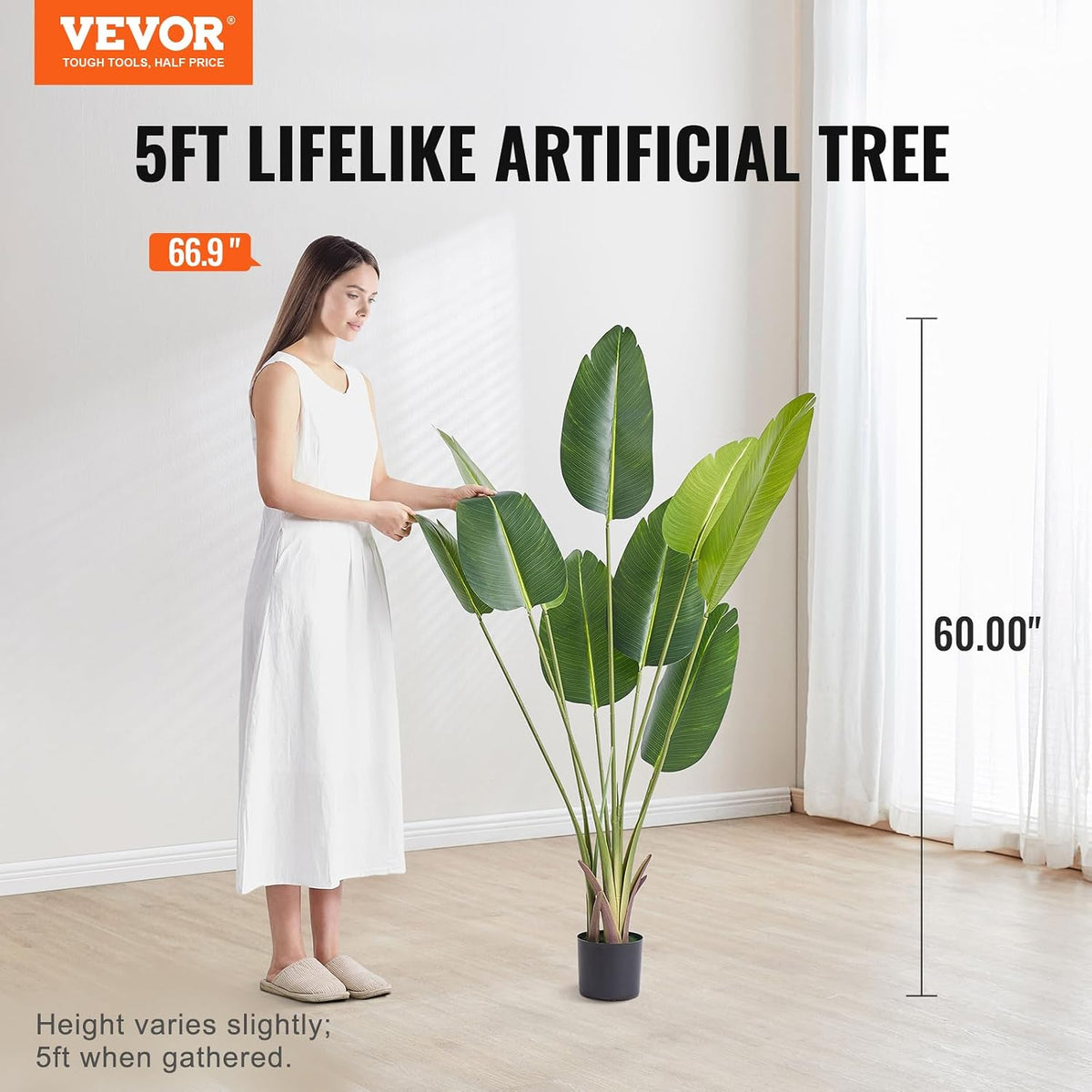Artificial Bird of Paradise Tree, 5 FT Tall Faux Plant, PE Material & Anti-Tip Tilt Protection Low-Maintenance Plant, Lifelike Green Fake Tree for Home Office Warehouse Decor Indoor Outdoor