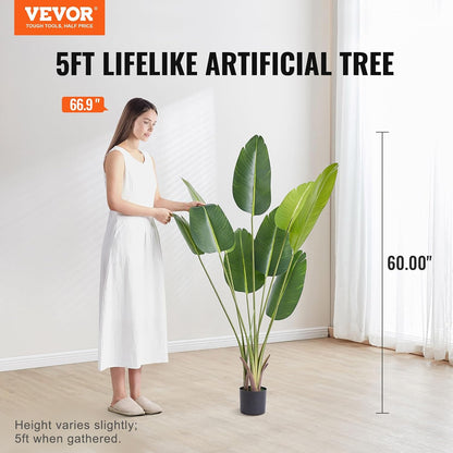 Artificial Bird of Paradise Tree, 5 FT Tall Faux Plant, PE Material & Anti-Tip Tilt Protection Low-Maintenance Plant, Lifelike Green Fake Tree for Home Office Warehouse Decor Indoor Outdoor