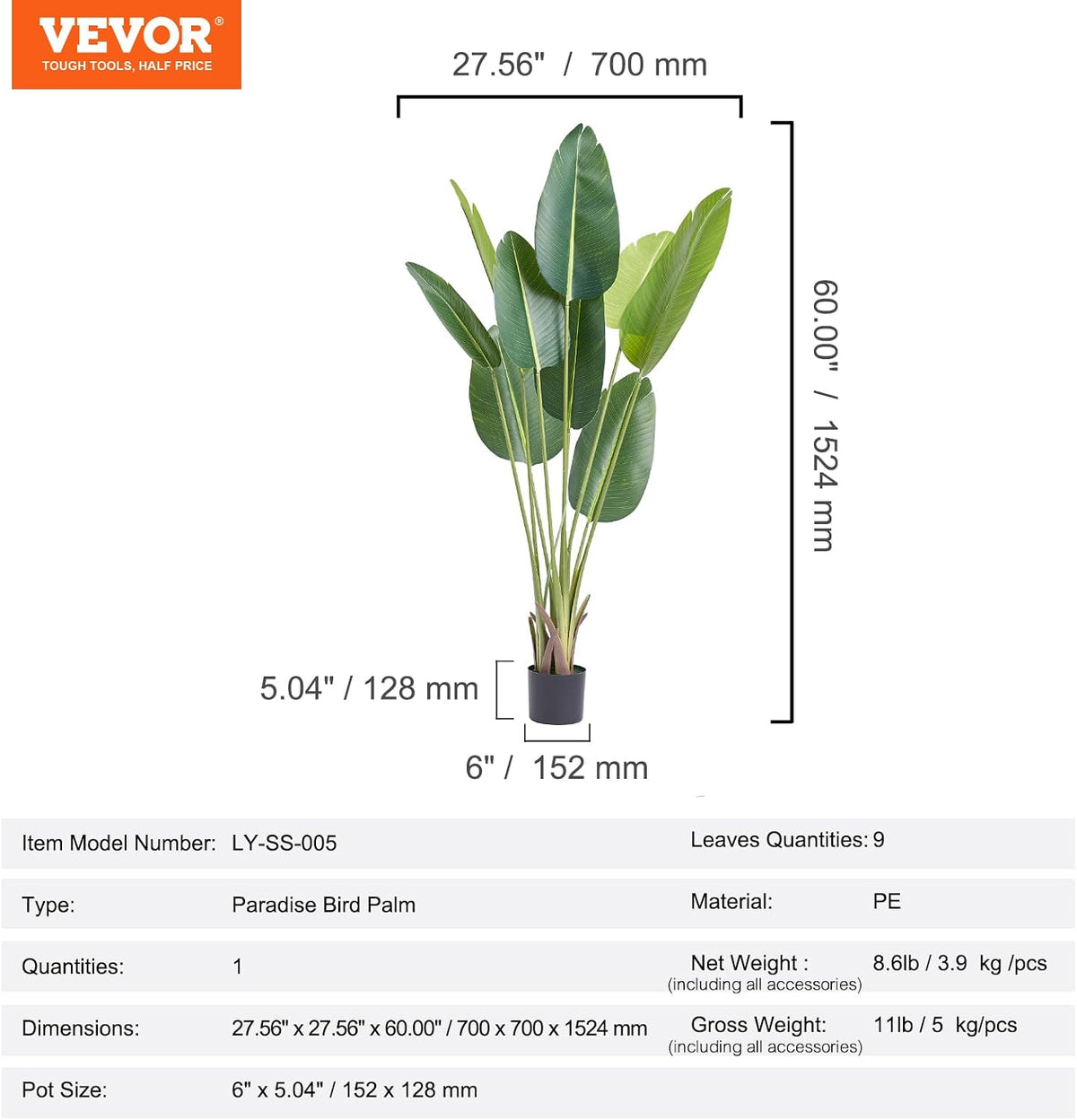 Artificial Bird of Paradise Tree, 5 FT Tall Faux Plant, PE Material & Anti-Tip Tilt Protection Low-Maintenance Plant, Lifelike Green Fake Tree for Home Office Warehouse Decor Indoor Outdoor