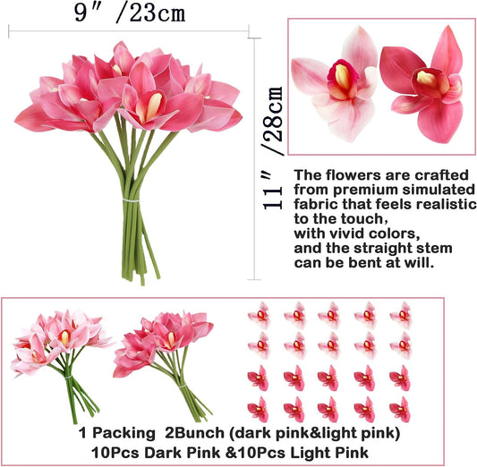 20Pcs Real Touch Artificial Fake Plants Silk Cymbidium Orchid Flowers Arrangements Wedding Bouquets Decorations Floral Table Centerpieces Home Kitchen Garden Party(Light Pink)