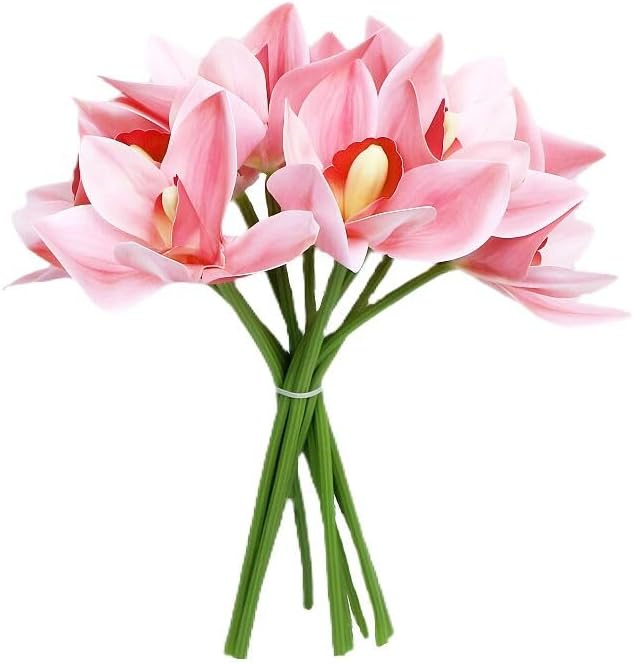 20Pcs Real Touch Artificial Fake Plants Silk Cymbidium Orchid Flowers Arrangements Wedding Bouquets Decorations Floral Table Centerpieces Home Kitchen Garden Party(Light Pink)