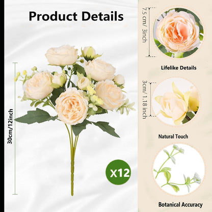 peonies artificial flowers 12 Bundles pink flowers bouquet, Lifelike Silk Fake Peonies with Stems for Home Table Centerpieces, Wedding, Party & DIY Bridal Floral Arrangements (Rose red + pink)