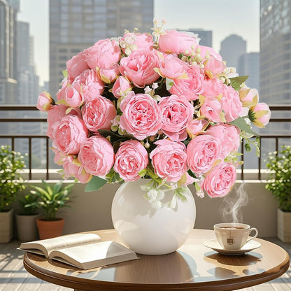 peonies artificial flowers 12 Bundles pink flowers bouquet, Lifelike Silk Fake Peonies with Stems for Home Table Centerpieces, Wedding, Party & DIY Bridal Floral Arrangements (Rose red + pink)