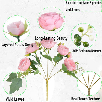 peonies artificial flowers 12 Bundles pink flowers bouquet, Lifelike Silk Fake Peonies with Stems for Home Table Centerpieces, Wedding, Party & DIY Bridal Floral Arrangements (Rose red + pink)