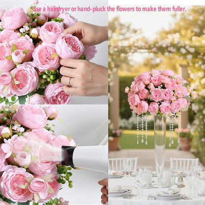 peonies artificial flowers 12 Bundles pink flowers bouquet, Lifelike Silk Fake Peonies with Stems for Home Table Centerpieces, Wedding, Party & DIY Bridal Floral Arrangements (Rose red + pink)