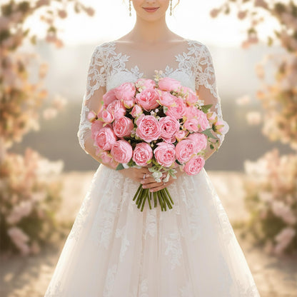 peonies artificial flowers 12 Bundles pink flowers bouquet, Lifelike Silk Fake Peonies with Stems for Home Table Centerpieces, Wedding, Party & DIY Bridal Floral Arrangements (Rose red + pink)