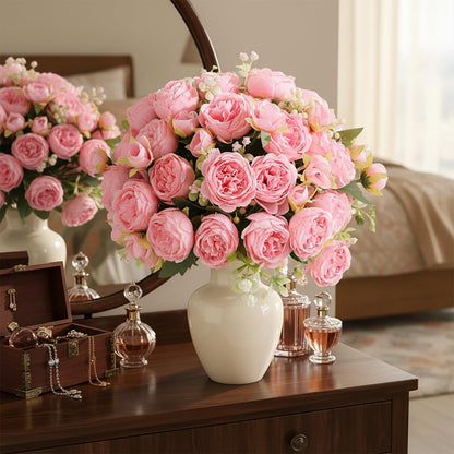 peonies artificial flowers 12 Bundles pink flowers bouquet, Lifelike Silk Fake Peonies with Stems for Home Table Centerpieces, Wedding, Party & DIY Bridal Floral Arrangements (Rose red + pink)