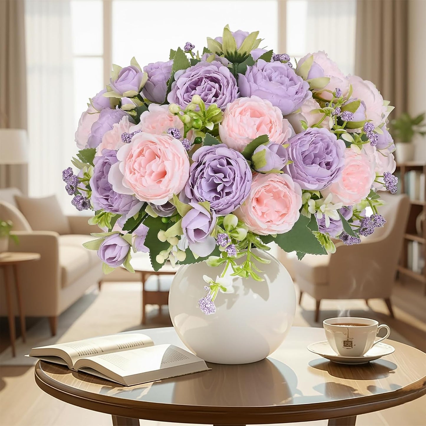 peonies artificial flowers 12 Bundles pink flowers bouquet, Lifelike Silk Fake Peonies with Stems for Home Table Centerpieces, Wedding, Party & DIY Bridal Floral Arrangements (Rose red + pink)