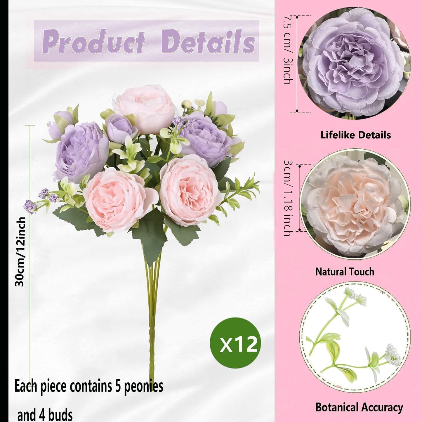 peonies artificial flowers 12 Bundles pink flowers bouquet, Lifelike Silk Fake Peonies with Stems for Home Table Centerpieces, Wedding, Party & DIY Bridal Floral Arrangements (Rose red + pink)