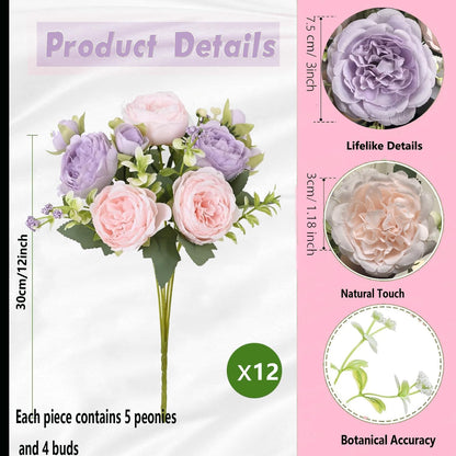 peonies artificial flowers 12 Bundles pink flowers bouquet, Lifelike Silk Fake Peonies with Stems for Home Table Centerpieces, Wedding, Party & DIY Bridal Floral Arrangements (Rose red + pink)
