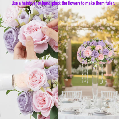 peonies artificial flowers 12 Bundles pink flowers bouquet, Lifelike Silk Fake Peonies with Stems for Home Table Centerpieces, Wedding, Party & DIY Bridal Floral Arrangements (Rose red + pink)