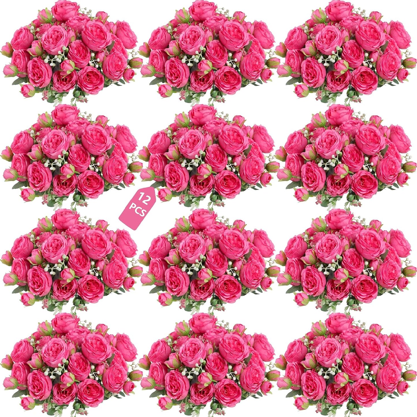 peonies artificial flowers 12 Bundles pink flowers bouquet, Lifelike Silk Fake Peonies with Stems for Home Table Centerpieces, Wedding, Party & DIY Bridal Floral Arrangements (Rose red + pink)