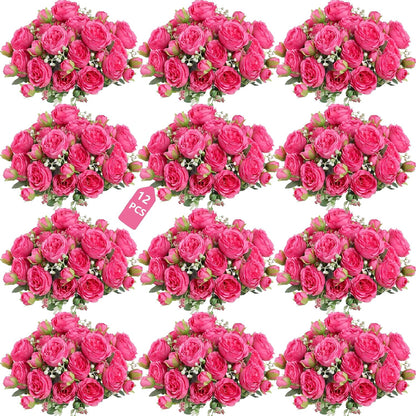 peonies artificial flowers 12 Bundles pink flowers bouquet, Lifelike Silk Fake Peonies with Stems for Home Table Centerpieces, Wedding, Party & DIY Bridal Floral Arrangements (Rose red + pink)