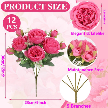 peonies artificial flowers 12 Bundles pink flowers bouquet, Lifelike Silk Fake Peonies with Stems for Home Table Centerpieces, Wedding, Party & DIY Bridal Floral Arrangements (Rose red + pink)