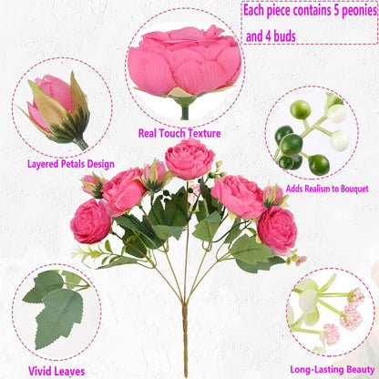 peonies artificial flowers 12 Bundles pink flowers bouquet, Lifelike Silk Fake Peonies with Stems for Home Table Centerpieces, Wedding, Party & DIY Bridal Floral Arrangements (Rose red + pink)