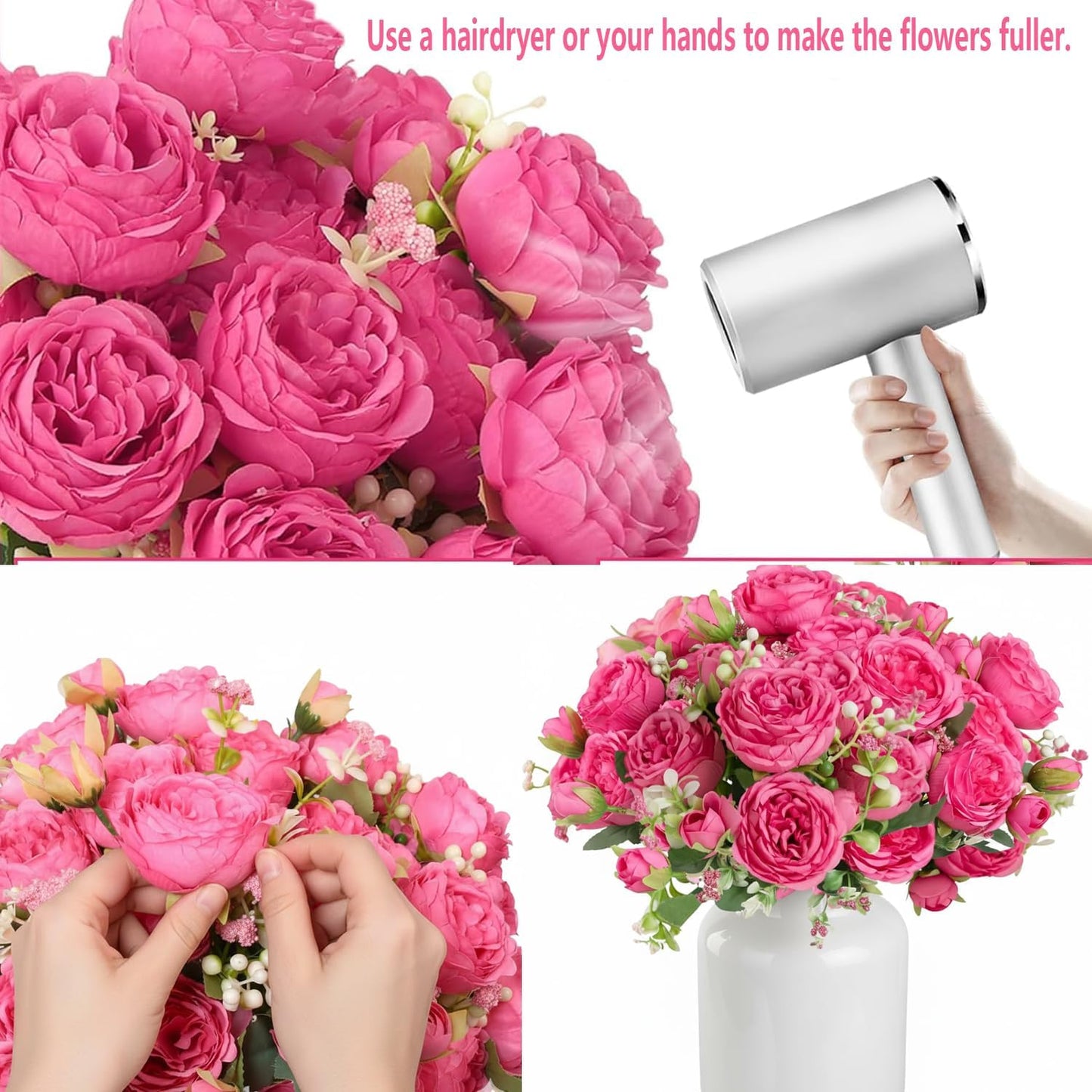 peonies artificial flowers 12 Bundles pink flowers bouquet, Lifelike Silk Fake Peonies with Stems for Home Table Centerpieces, Wedding, Party & DIY Bridal Floral Arrangements (Rose red + pink)
