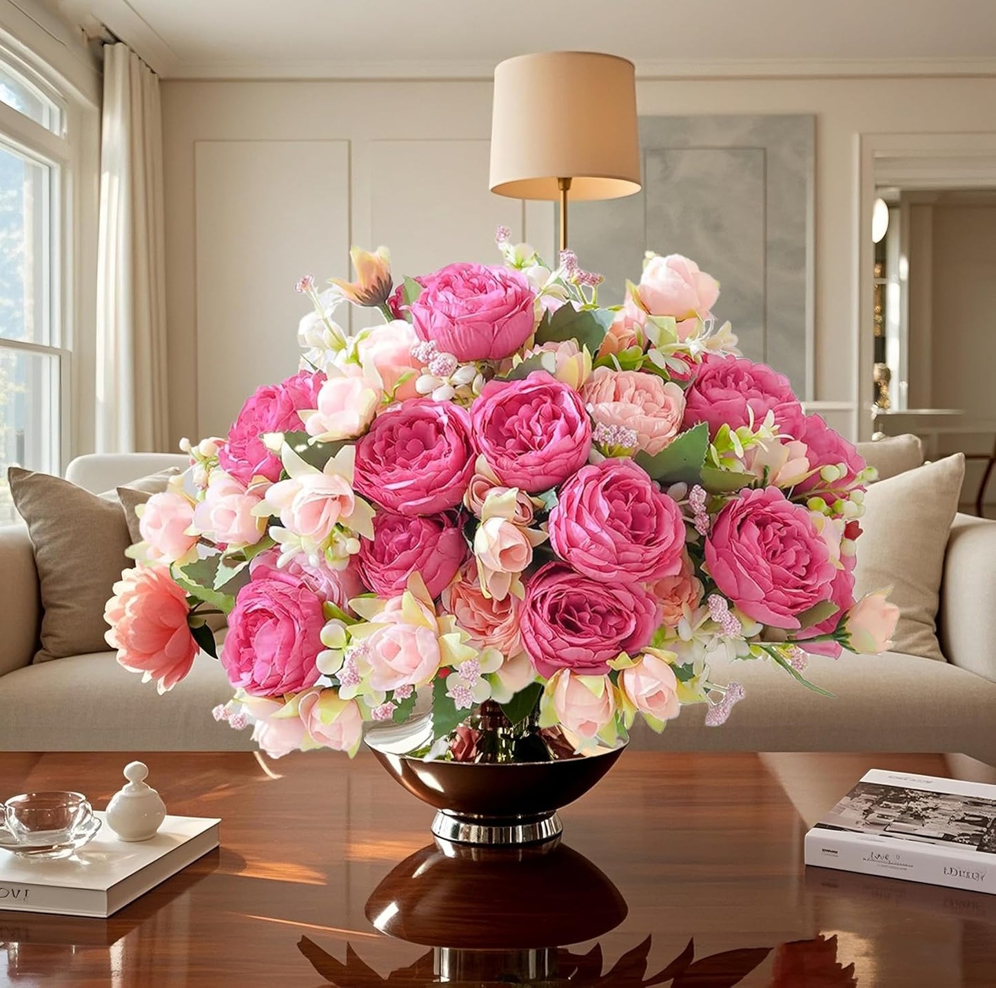 peonies artificial flowers 12 Bundles pink flowers bouquet, Lifelike Silk Fake Peonies with Stems for Home Table Centerpieces, Wedding, Party & DIY Bridal Floral Arrangements (Rose red + pink)