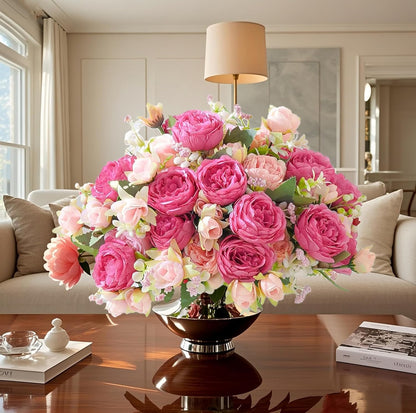 peonies artificial flowers 12 Bundles pink flowers bouquet, Lifelike Silk Fake Peonies with Stems for Home Table Centerpieces, Wedding, Party & DIY Bridal Floral Arrangements (Rose red + pink)