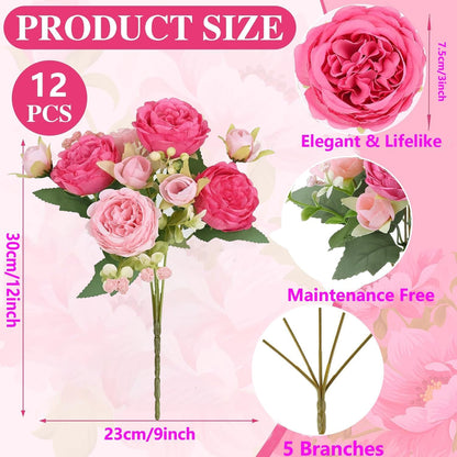 peonies artificial flowers 12 Bundles pink flowers bouquet, Lifelike Silk Fake Peonies with Stems for Home Table Centerpieces, Wedding, Party & DIY Bridal Floral Arrangements (Rose red + pink)