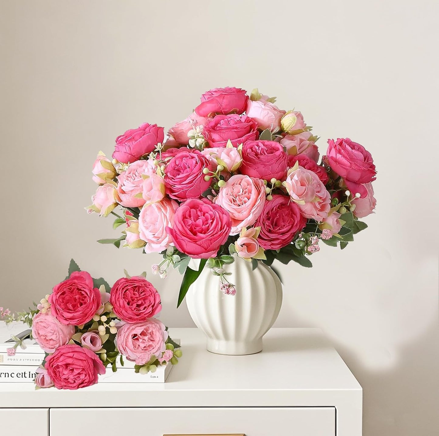 peonies artificial flowers 12 Bundles pink flowers bouquet, Lifelike Silk Fake Peonies with Stems for Home Table Centerpieces, Wedding, Party & DIY Bridal Floral Arrangements (Rose red + pink)
