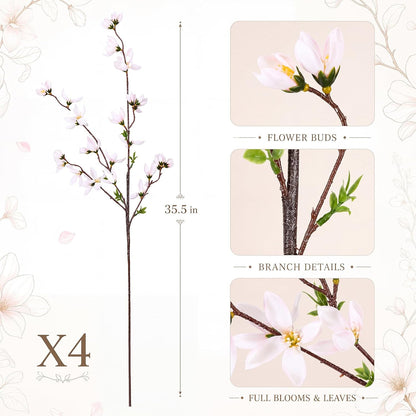 Riceshoot 4 Pcs Artificial Magnolia Flowers 35 Inch Magnolia Branch, Pink