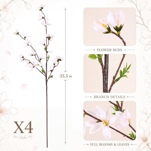 Riceshoot 4 Pcs Artificial Magnolia Flowers 35 Inch Magnolia Branch, Pink