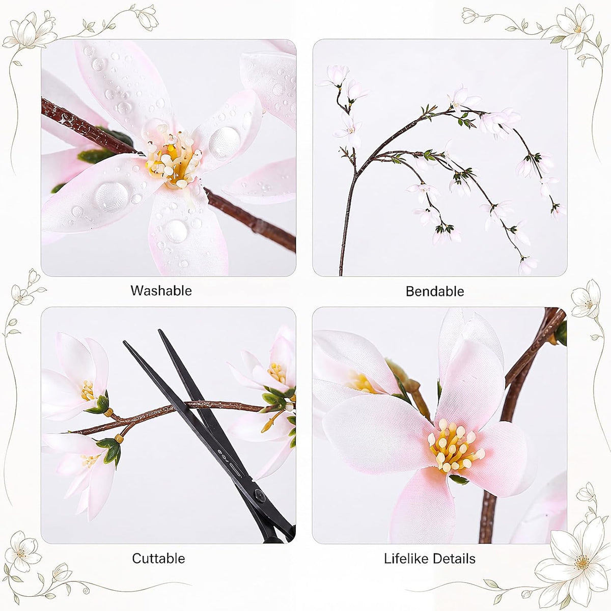 Riceshoot 4 Pcs Artificial Magnolia Flowers 35 Inch Magnolia Branch, Pink