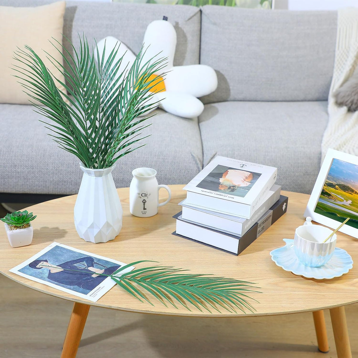 Artificial Palm Leaves, Faux Large Palm Fronds Fake Tropical Plant Simulation Safari Leaves with Stems for Home Hawaiian Luau Party Jungle Beach Theme Party Decoration