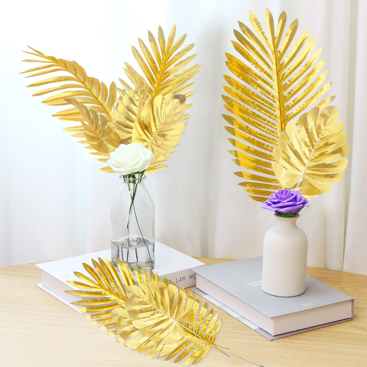 Artificial Palm Leaves, Faux Large Palm Fronds Fake Tropical Plant Simulation Safari Leaves with Stems for Home Hawaiian Luau Party Jungle Beach Theme Party Decoration