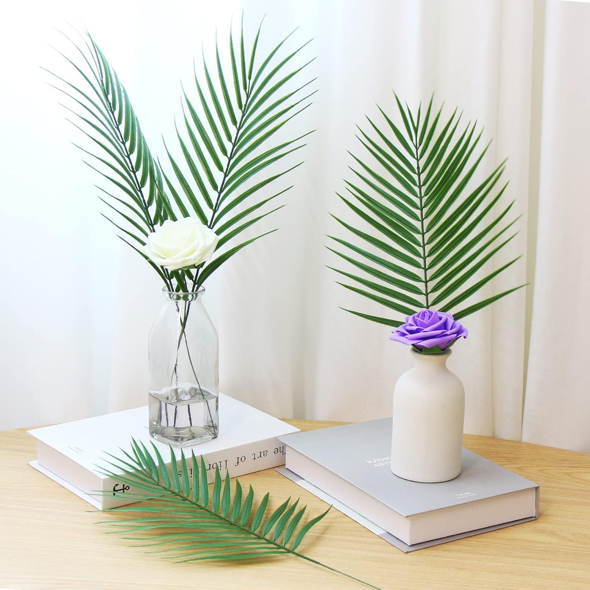 Artificial Palm Leaves, Faux Large Palm Fronds Fake Tropical Plant Simulation Safari Leaves with Stems for Home Hawaiian Luau Party Jungle Beach Theme Party Decoration