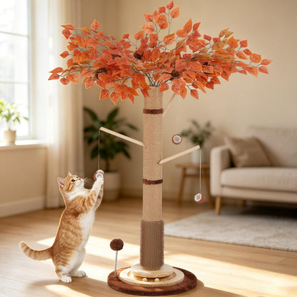 Cat Scratching Post, 46 Inch Tall Cat Scratcher Tree for Indoor Cats Adults with Natural Sisal Rope, Large Scratching Posts with Rubber Brush, 3-Layer Solid Wood Base and Balls Track Toy