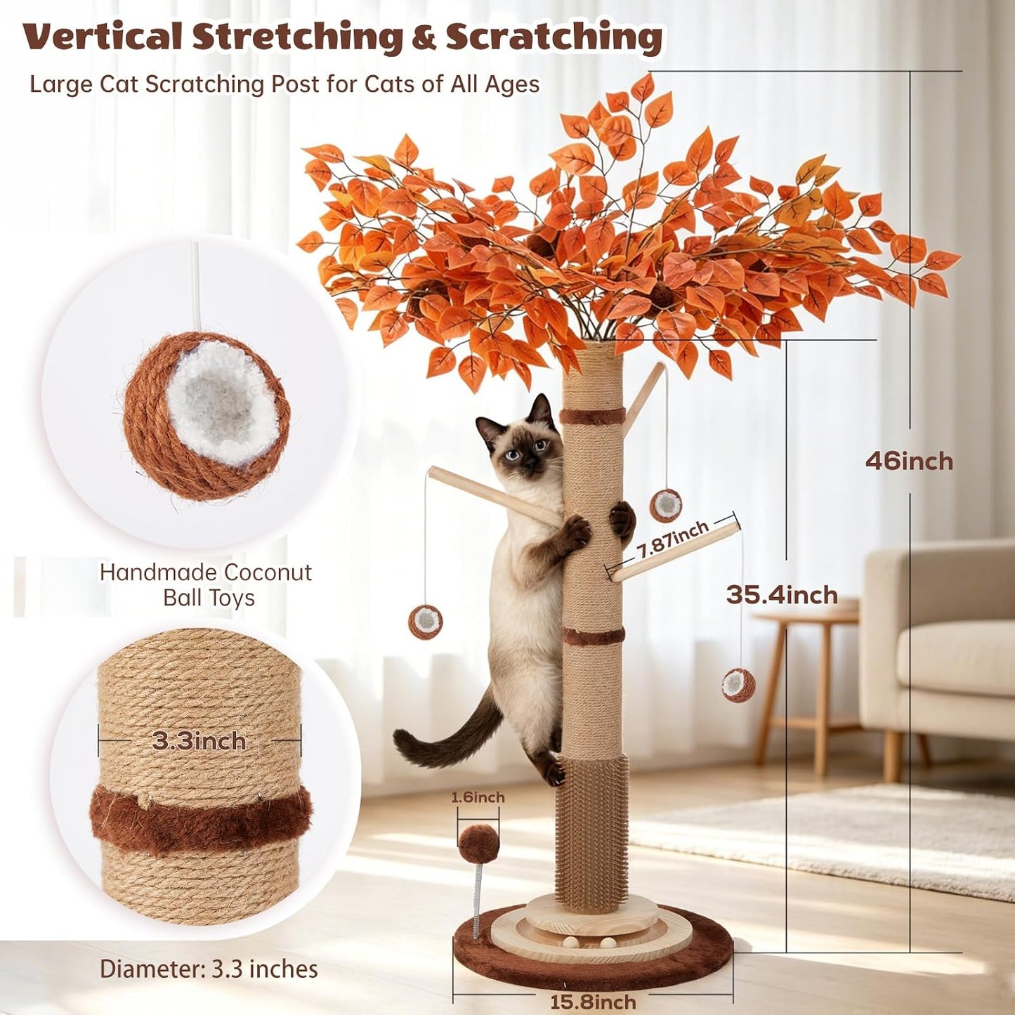Cat Scratching Post, 46 Inch Tall Cat Scratcher Tree for Indoor Cats Adults with Natural Sisal Rope, Large Scratching Posts with Rubber Brush, 3-Layer Solid Wood Base and Balls Track Toy