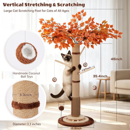 Cat Scratching Post, 46 Inch Tall Cat Scratcher Tree for Indoor Cats Adults with Natural Sisal Rope, Large Scratching Posts with Rubber Brush, 3-Layer Solid Wood Base and Balls Track Toy
