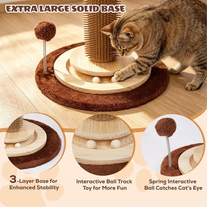 Cat Scratching Post, 46 Inch Tall Cat Scratcher Tree for Indoor Cats Adults with Natural Sisal Rope, Large Scratching Posts with Rubber Brush, 3-Layer Solid Wood Base and Balls Track Toy