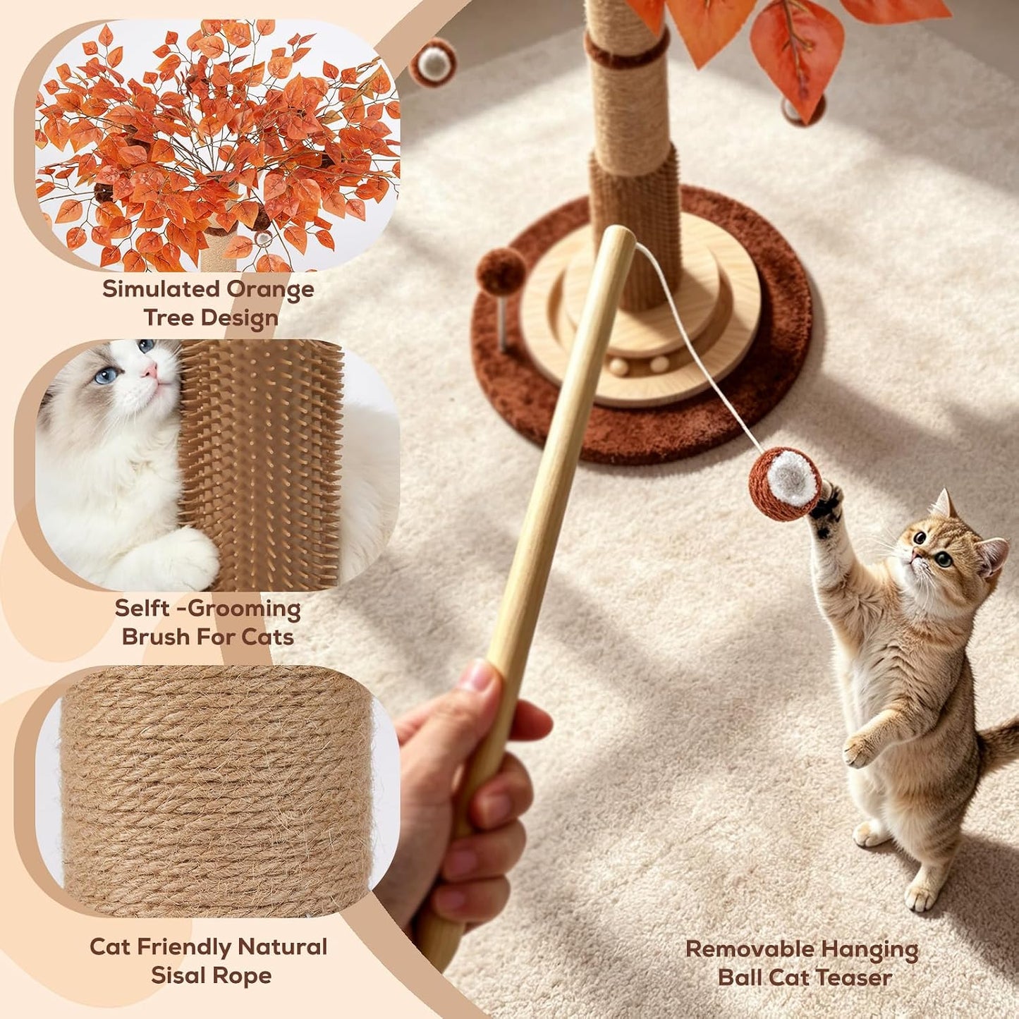 Cat Scratching Post, 46 Inch Tall Cat Scratcher Tree for Indoor Cats Adults with Natural Sisal Rope, Large Scratching Posts with Rubber Brush, 3-Layer Solid Wood Base and Balls Track Toy