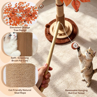 Cat Scratching Post, 46 Inch Tall Cat Scratcher Tree for Indoor Cats Adults with Natural Sisal Rope, Large Scratching Posts with Rubber Brush, 3-Layer Solid Wood Base and Balls Track Toy