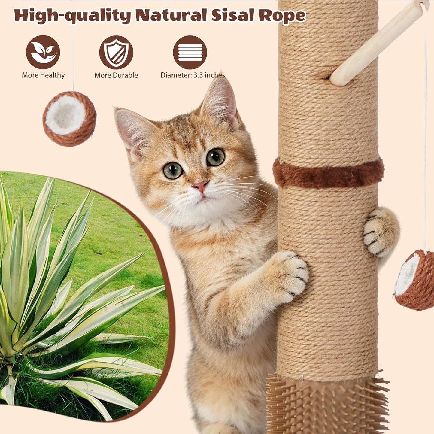 Cat Scratching Post, 46 Inch Tall Cat Scratcher Tree for Indoor Cats Adults with Natural Sisal Rope, Large Scratching Posts with Rubber Brush, 3-Layer Solid Wood Base and Balls Track Toy