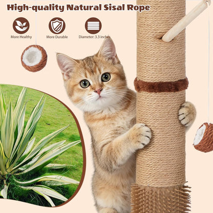 Cat Scratching Post, 46 Inch Tall Cat Scratcher Tree for Indoor Cats Adults with Natural Sisal Rope, Large Scratching Posts with Rubber Brush, 3-Layer Solid Wood Base and Balls Track Toy
