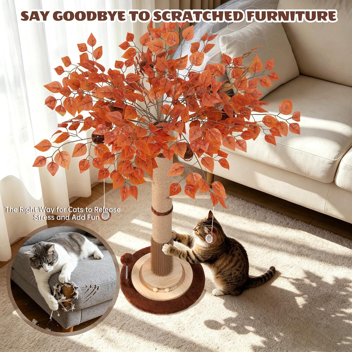 Cat Scratching Post, 46 Inch Tall Cat Scratcher Tree for Indoor Cats Adults with Natural Sisal Rope, Large Scratching Posts with Rubber Brush, 3-Layer Solid Wood Base and Balls Track Toy
