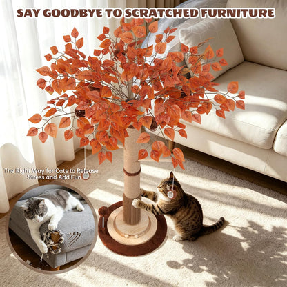 Cat Scratching Post, 46 Inch Tall Cat Scratcher Tree for Indoor Cats Adults with Natural Sisal Rope, Large Scratching Posts with Rubber Brush, 3-Layer Solid Wood Base and Balls Track Toy