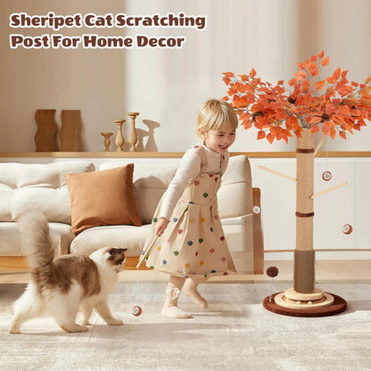 Cat Scratching Post, 46 Inch Tall Cat Scratcher Tree for Indoor Cats Adults with Natural Sisal Rope, Large Scratching Posts with Rubber Brush, 3-Layer Solid Wood Base and Balls Track Toy
