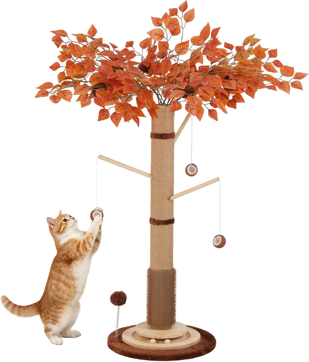 Cat Scratching Post, 46 Inch Tall Cat Scratcher Tree for Indoor Cats Adults with Natural Sisal Rope, Large Scratching Posts with Rubber Brush, 3-Layer Solid Wood Base and Balls Track Toy