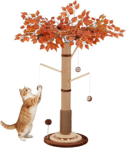 Cat Scratching Post, 46 Inch Tall Cat Scratcher Tree for Indoor Cats Adults with Natural Sisal Rope, Large Scratching Posts with Rubber Brush, 3-Layer Solid Wood Base and Balls Track Toy