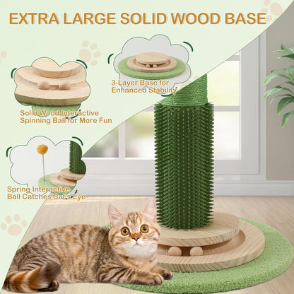 Cat Scratching Post, 46 Inch Tall Cat Scratcher Tree for Indoor Cats Adults with Natural Sisal Rope, Large Scratching Posts with Rubber Brush, 3-Layer Solid Wood Base and Balls Track Toy